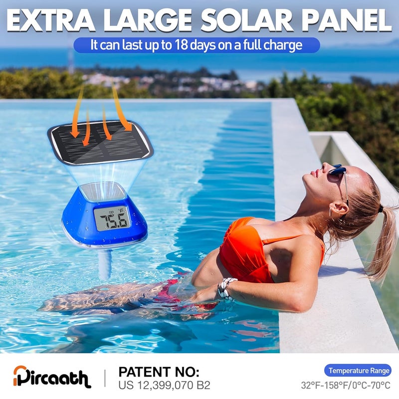 Pircaath 2025 Next-Gen Solar Pool Thermometer Floating Easy Read, Digital Pool Thermometer with Extra-Large Backlit LCD Screen & Rope, IP68 Waterproof Pools Water Temperature Gauge for Hot Tub, Spa - Image 2